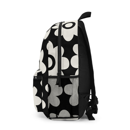 Bold retro daisy backpack left side showing mesh water bottle pocket - LeBonJournal
