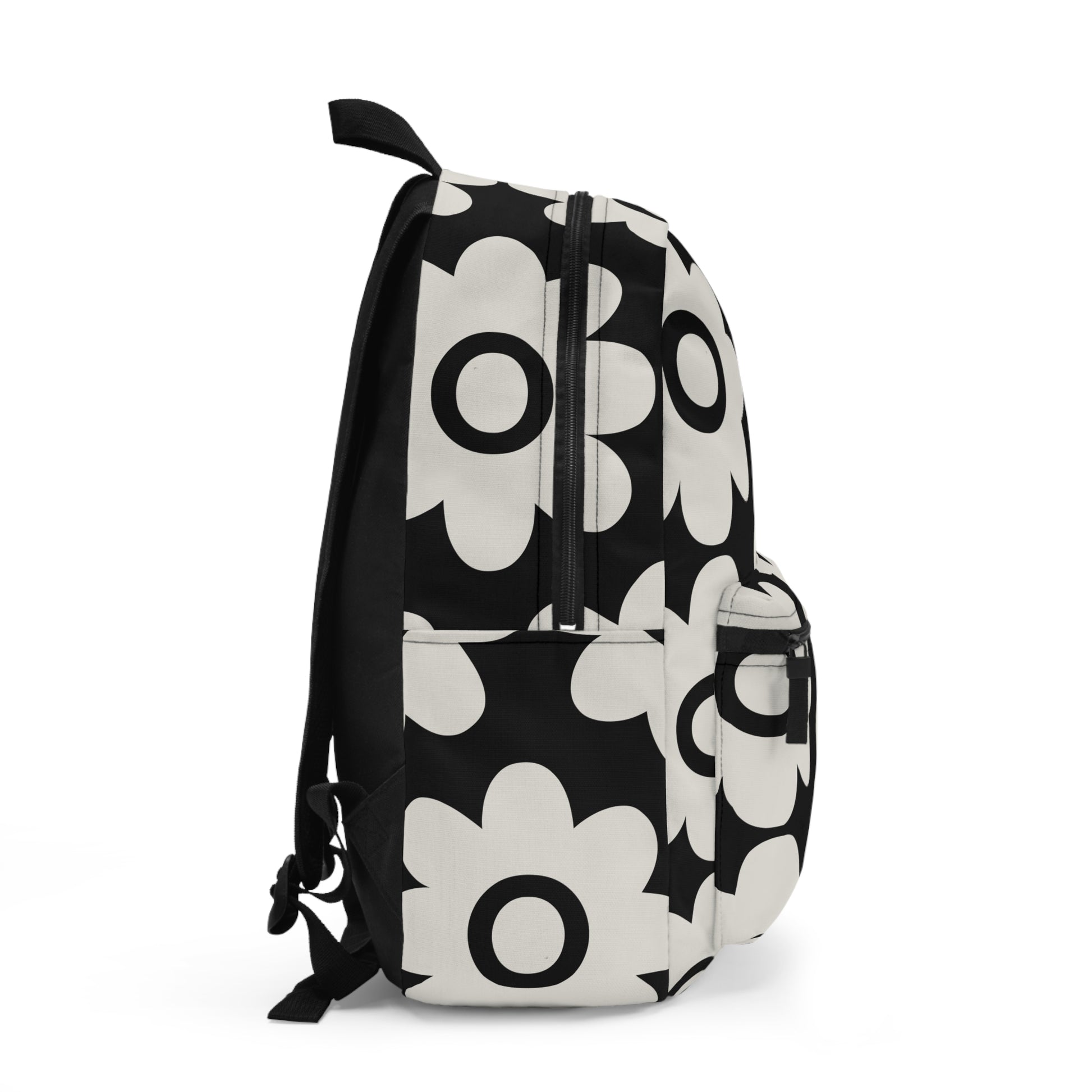Bold retro daisy backpack right side view showing zipper and strap detail - LeBonJournal
