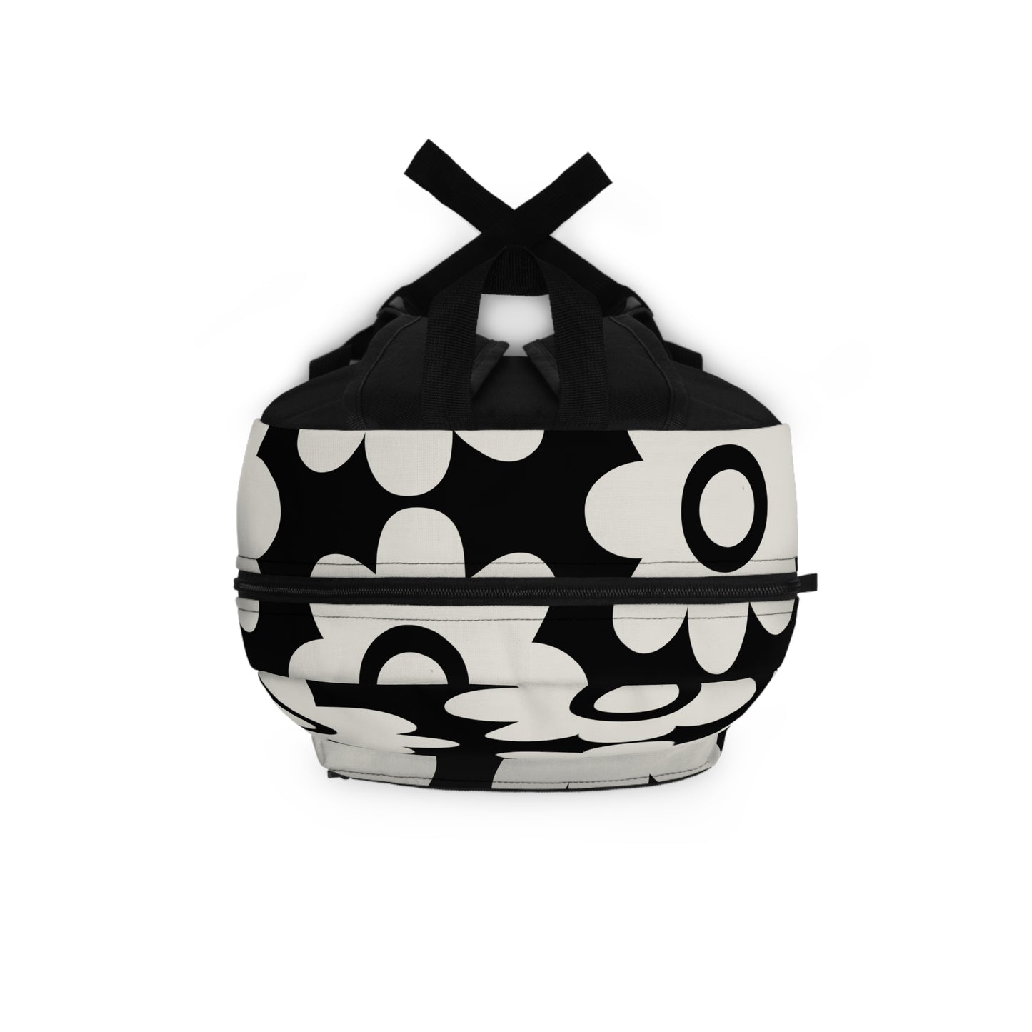 Bold retro daisy backpack top view showing handle and zipper closures - LeBonJournal