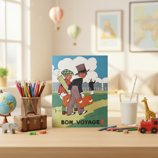 Bon Voyage 1935 Gaston Marechaux softcover coloring book with colored pencils toy suitcase globe animal erasers and glass of milk in cheerful children's travel-themed setting - LeBonJournal