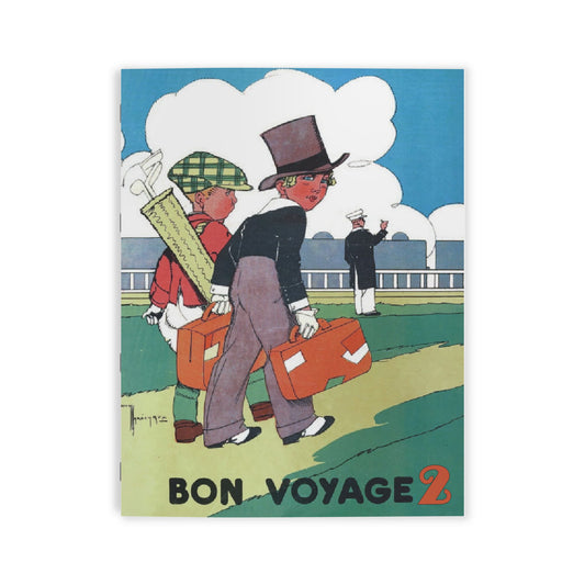 Bon Voyage 2 vintage coloring book cover featuring two children with suitcases and golf clubs departing by train - 1935 Gaston Marechaux illustration - LeBonJournal
