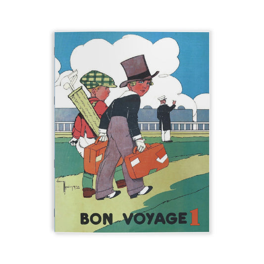 Bon Voyage vintage coloring book cover featuring two children with suitcases and golf clubs ready for travel - 1935 Gaston Marechaux illustration - LeBonJournal