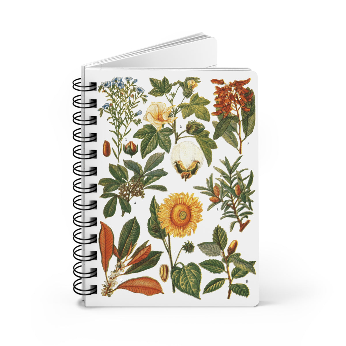 Botanical spiral lined journal with El Tesoro de la Juventud 1913 Vegetales de Aprovechamiento Industrial plate — cotton sunflower cacao rubber plants on white with black metal spiral - LeBonJournal