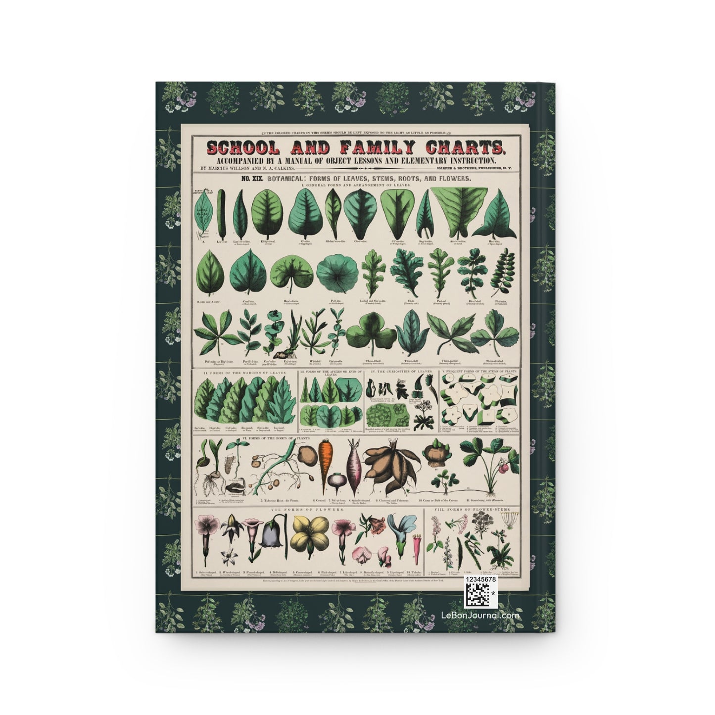 Back cover of Botanical School Chart journal featuring No. XIX Forms of Leaves, Stems, Roots, and Flowers educational chart with botanical morphology illustrations - LeBonJournal