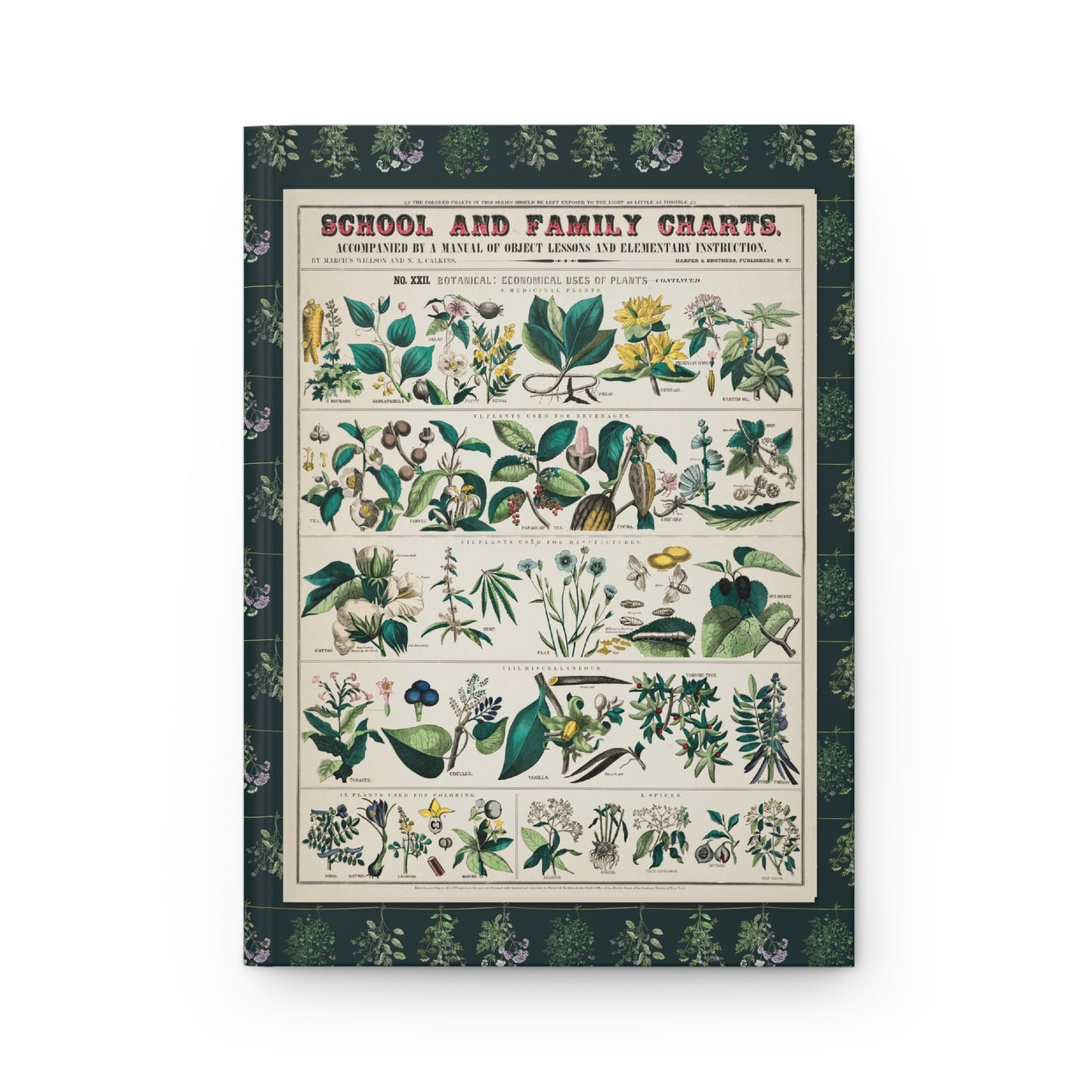 Front cover of Botanical School Chart journal featuring 1890 Economical Uses of Plants educational chart with medicinal plants, beverage crops, textile fibers, and spices on premium matte hardcover - LeBonJournal