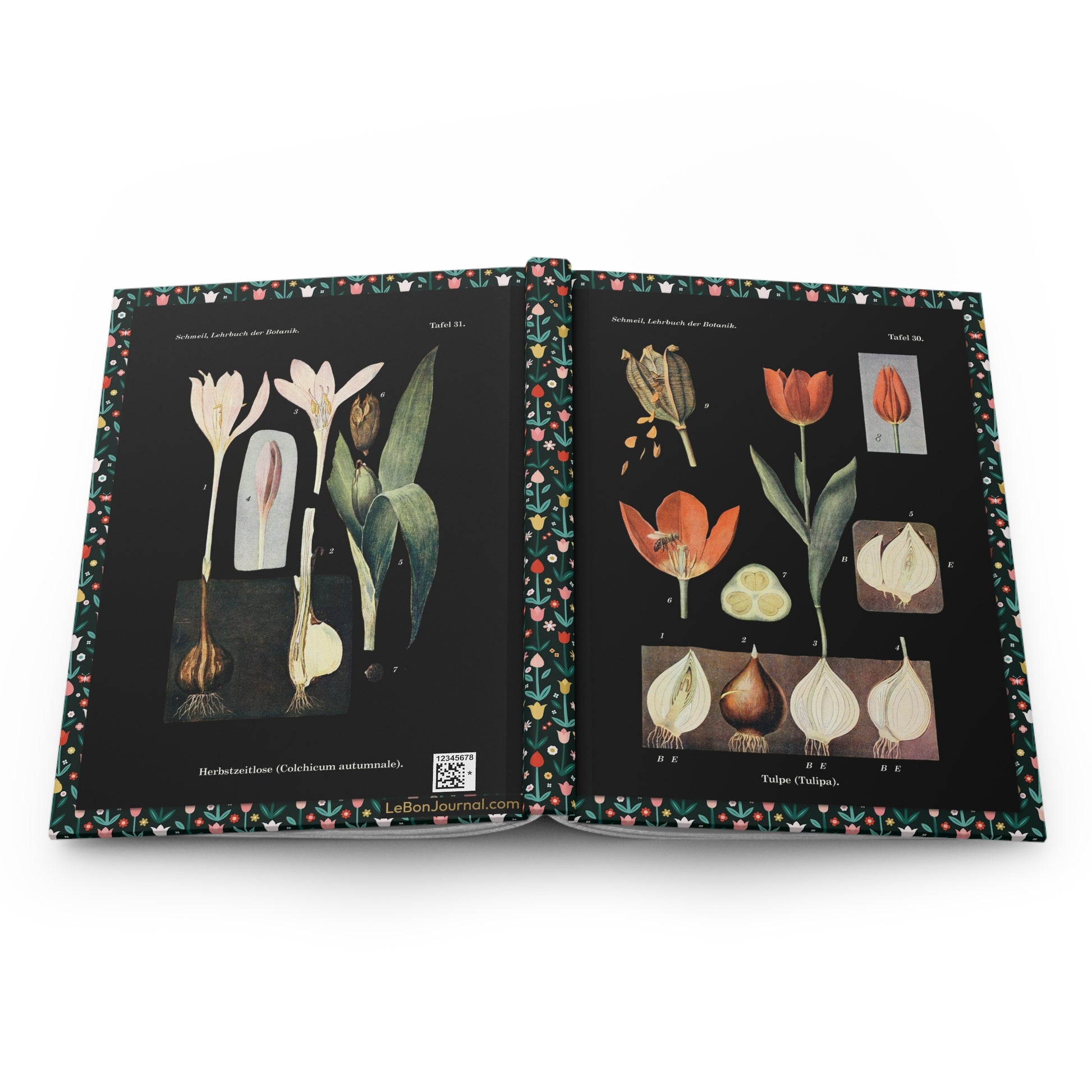 Botanical hardcover journal spine full-wrap Otto Schmeil 1900 Tulipa Colchicum black background - LeBonJournal
