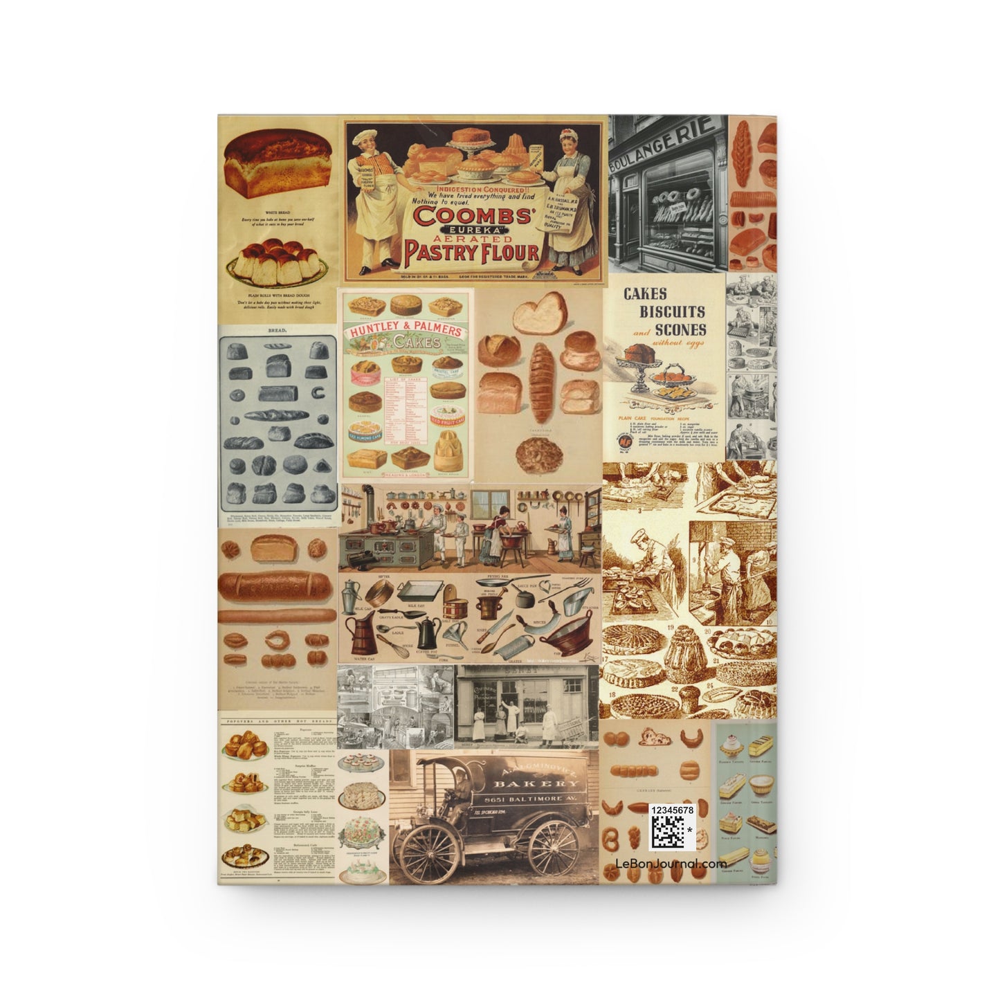 Back cover of Bread Collage journal featuring vintage baking ephemera collage with Victorian advertisements, technical bread diagrams, and pastry illustrations with production QR code - LeBonJournal