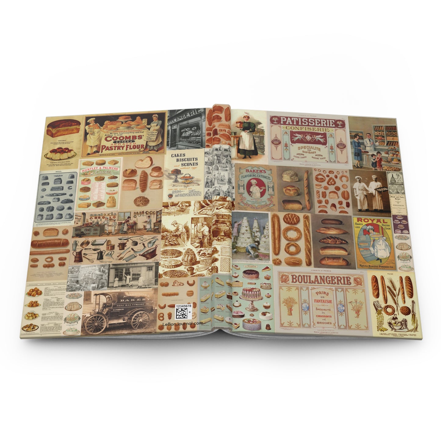 Open Bread Collage journal showing durable casewrap binding, hardcover construction with Victorian bakery ephemera collage on front and back covers, and flexible spine for lay-flat writing - LeBonJournal