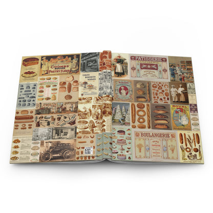 Open Bread Collage journal showing durable casewrap binding, hardcover construction with Victorian bakery ephemera collage on front and back covers, and flexible spine for lay-flat writing - LeBonJournal