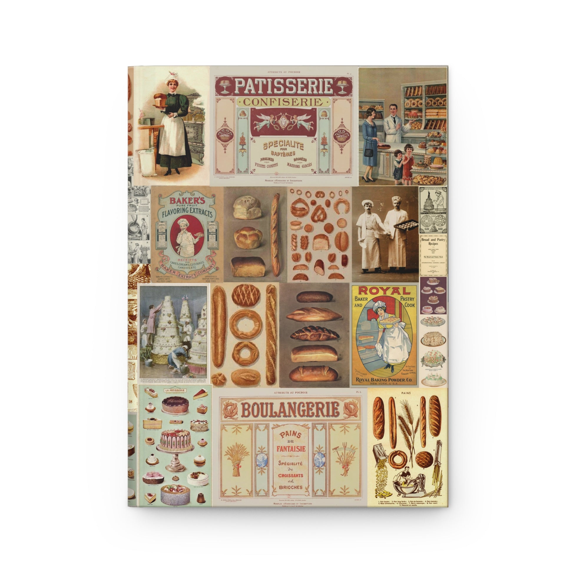 Front cover of Bread Collage journal featuring Victorian bakery ephemera with vintage bread advertisements, sourdough loaves, French baguettes, tiered cakes, and pastry illustrations in scrapbook style on premium matte hardcover - LeBonJournal