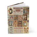 Hardcover bakery journal standing upright showing front cover with Victorian bread and pastry ephemera collage featuring vintage baking advertisements, French boulangerie scenes, and artisan bread illustrations on matte finish cover - LeBonJournal