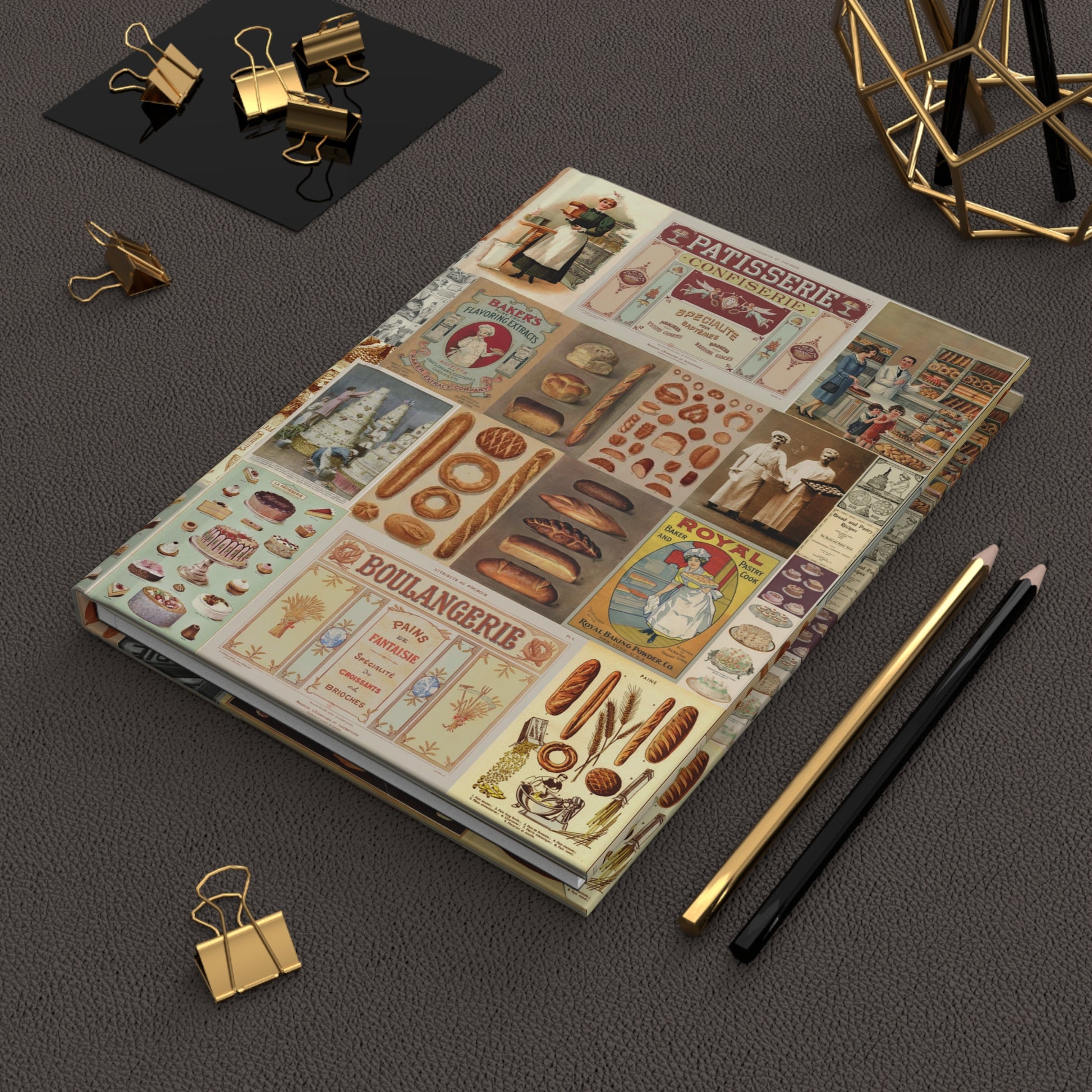 Bread Collage hardcover journal in lifestyle setting, premium matte finish journal featuring vintage bakery ephemera, elegant stationery for bakers, bread enthusiasts, and culinary historians - LeBonJournal
