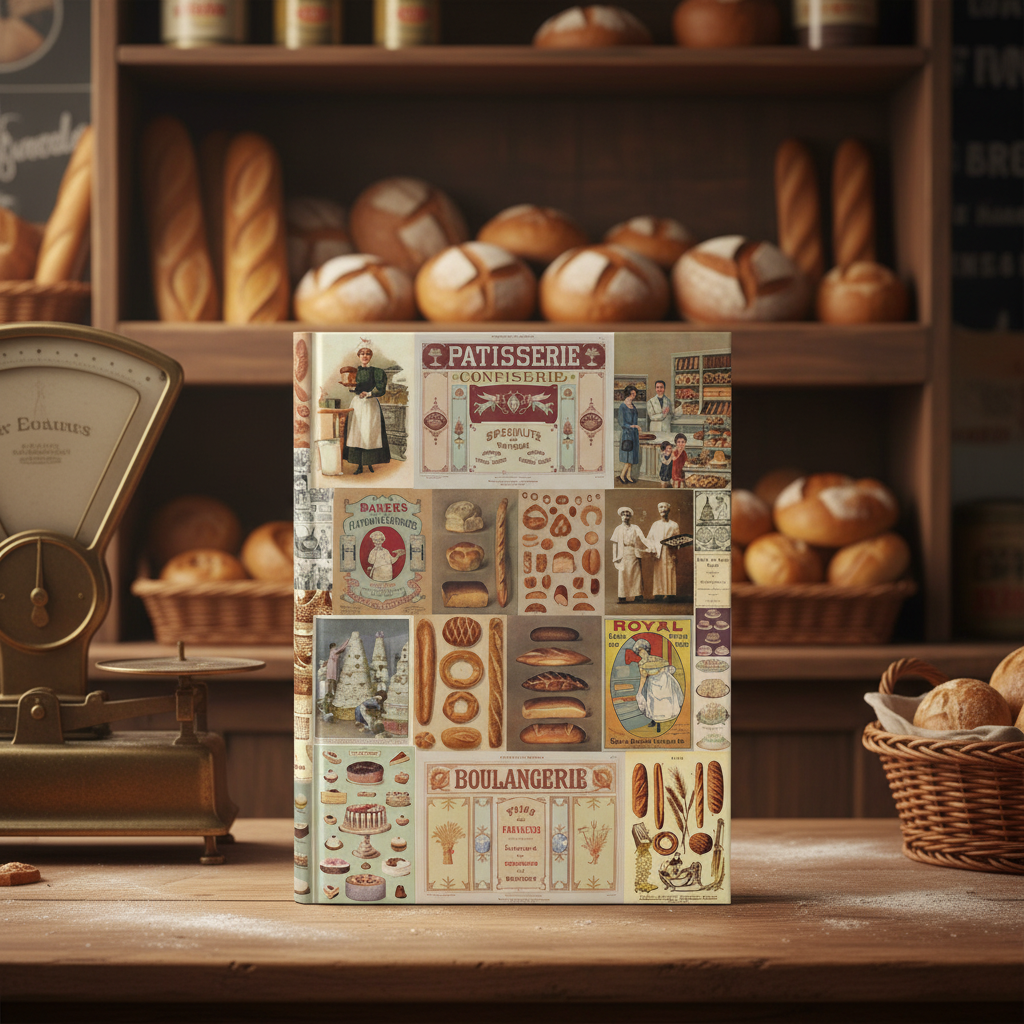 Bread Collage hardcover journal standing on vintage bakery counter with wooden shelves filled with artisan breads, sourdough loaves, French baguettes, antique scale, wicker baskets, warm golden bakery lighting, traditional boulangerie stationery for bakers and bread enthusiasts - LeBonJournal
