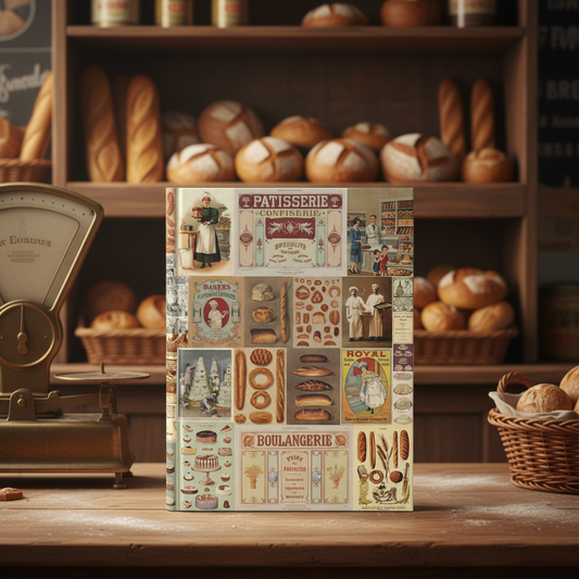 Bread Collage hardcover journal standing on vintage bakery counter with wooden shelves filled with artisan breads, sourdough loaves, French baguettes, antique scale, wicker baskets, warm golden bakery lighting, traditional boulangerie stationery for bakers and bread enthusiasts - LeBonJournal