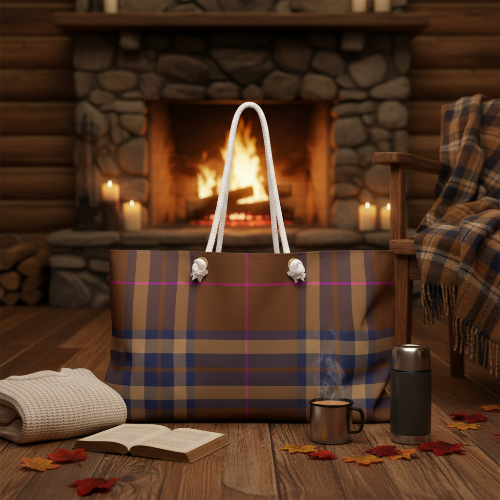 Brown plaid weekender bag styled for an autumn cabin weekend with knit sweater thermos and warm firelight - LeBonJournal