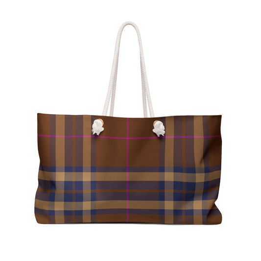Brown plaid weekender bag in autumn tartan with navy and magenta accents cream rope handles and gold grommets - LeBonJournal