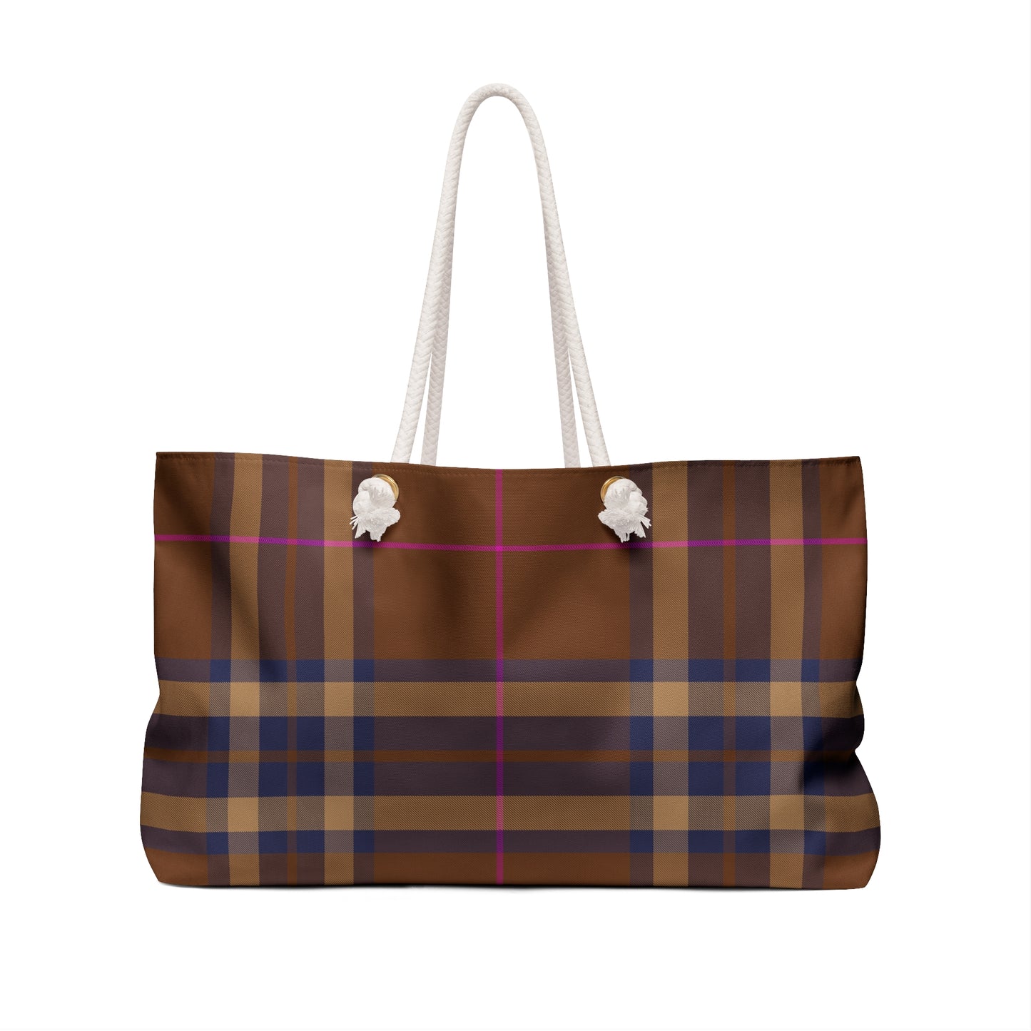 Brown plaid weekender bag back view in autumn tartan with cream rope handles and gold grommets - LeBonJournal