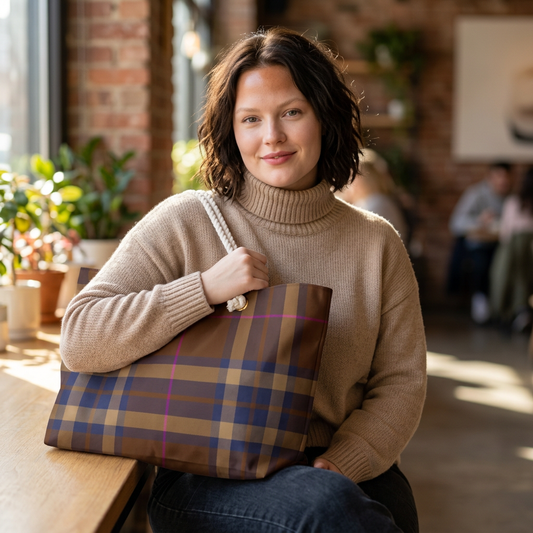 Young woman using brown plaid weekender bag as everyday carry-all tote with autumn tartan pattern - LeBonJournal