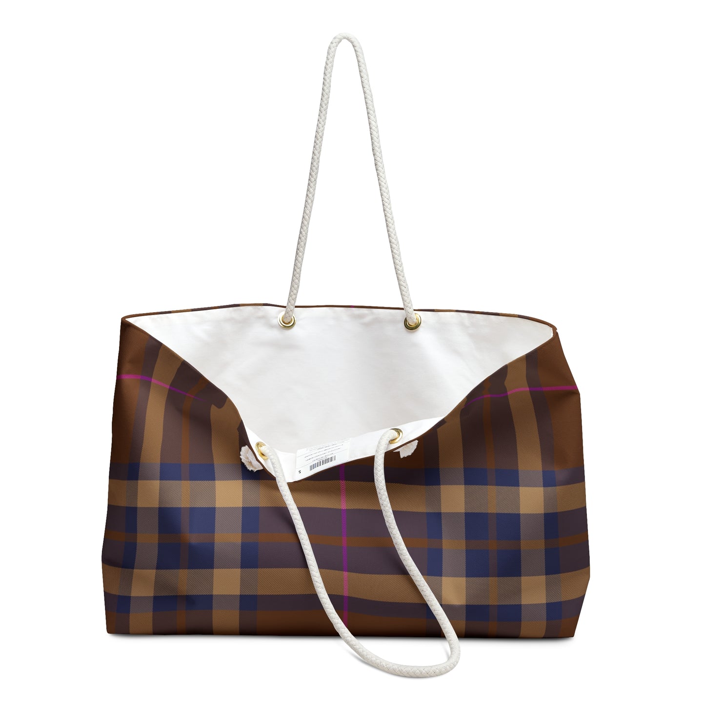 Detail of cream cotton rope handles gold grommets and white cotton-poly interior lining of brown plaid weekender bag - LeBonJournal
