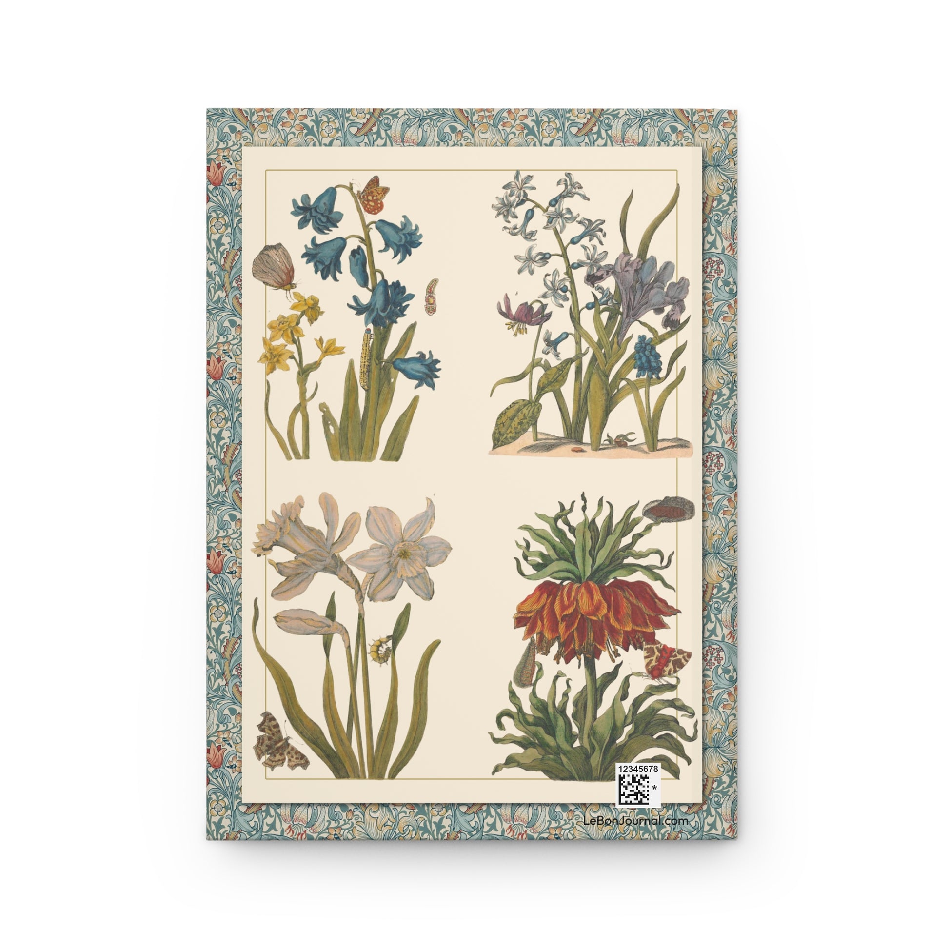 Back cover of Bulbous Plants journal featuring Maria Sibylla Merian 1647 botanical illustrations with bluebells, irises, hyacinths, daffodils, fritillaria, butterflies, and caterpillars with production QR code - LeBonJournal