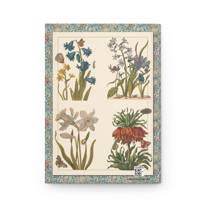 Back cover of Bulbous Plants journal featuring Maria Sibylla Merian 1647 botanical illustrations with bluebells, irises, hyacinths, daffodils, fritillaria, butterflies, and caterpillars with production QR code - LeBonJournal