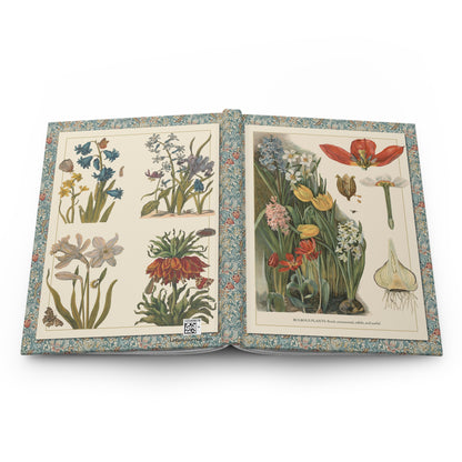 Open Bulbous Plants journal showing durable casewrap binding, hardcover construction with T-va I.D. Sytina 1910 and Maria Sibylla Merian bulbous plant illustrations on front and back covers, and flexible spine for lay-flat writing - LeBonJournal