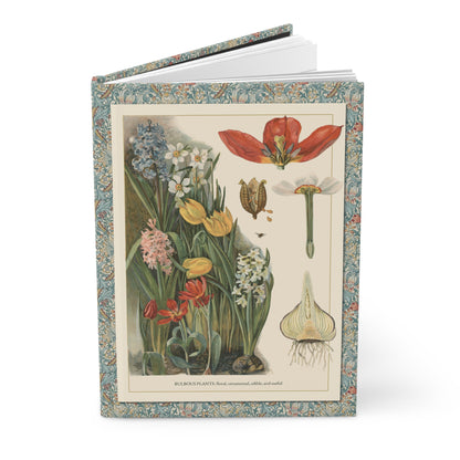 Hardcover bulbous plants journal standing upright showing front cover with T-va I.D. Sytina 1910 Russian botanical illustration featuring hyacinths, tulips, daffodils, and bulb cross-sections on matte finish cover - LeBonJournal