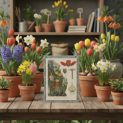 Bulbous Plants hardcover journal standing on rustic nursery potting table with terracotta pots filled with blooming hyacinths, tulips, daffodils, fritillaria, gardening supplies, natural greenhouse light, elegant stationery for gardeners and bulb enthusiasts - LeBonJournal