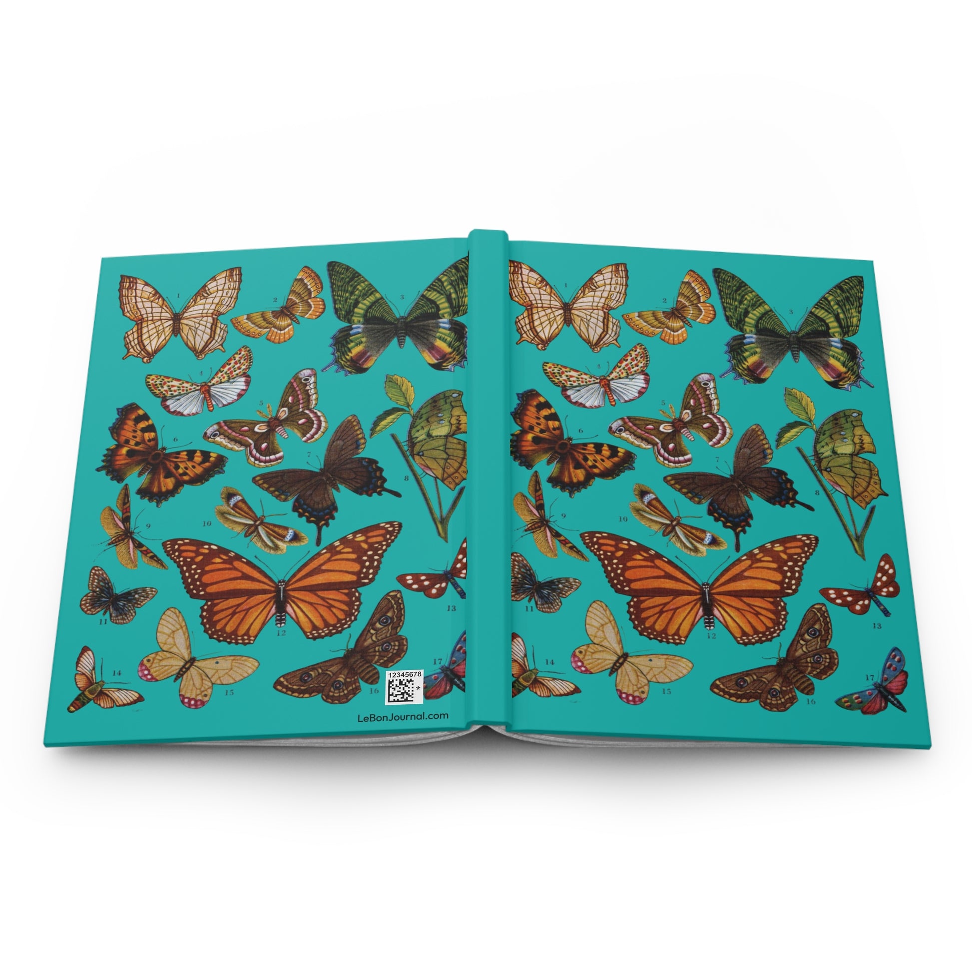 Butterfly hardcover journal spine full-wrap El Tesoro de la Juventud Lepidoptera teal - LeBonJournal

