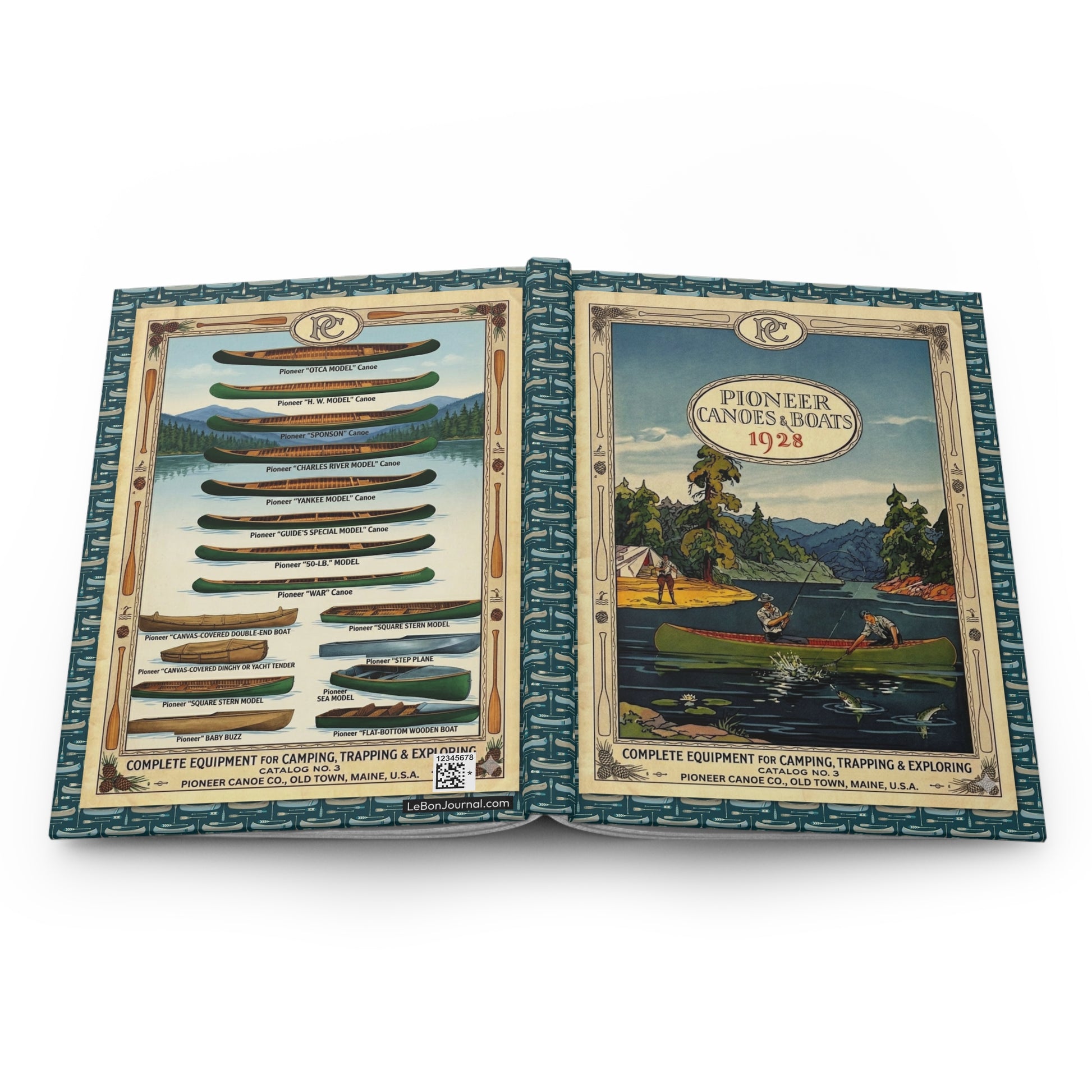 Canoe hardcover journal spine and full-wrap Pioneer 1928 vintage catalog design - LeBonJournal
