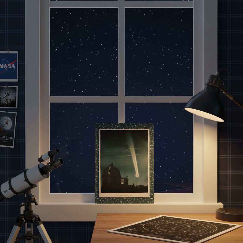 Celestial journal by Trouvelot 1881 in teenage astronomy bedroom with telescope, NASA photos and starry night window - LeBonJournal