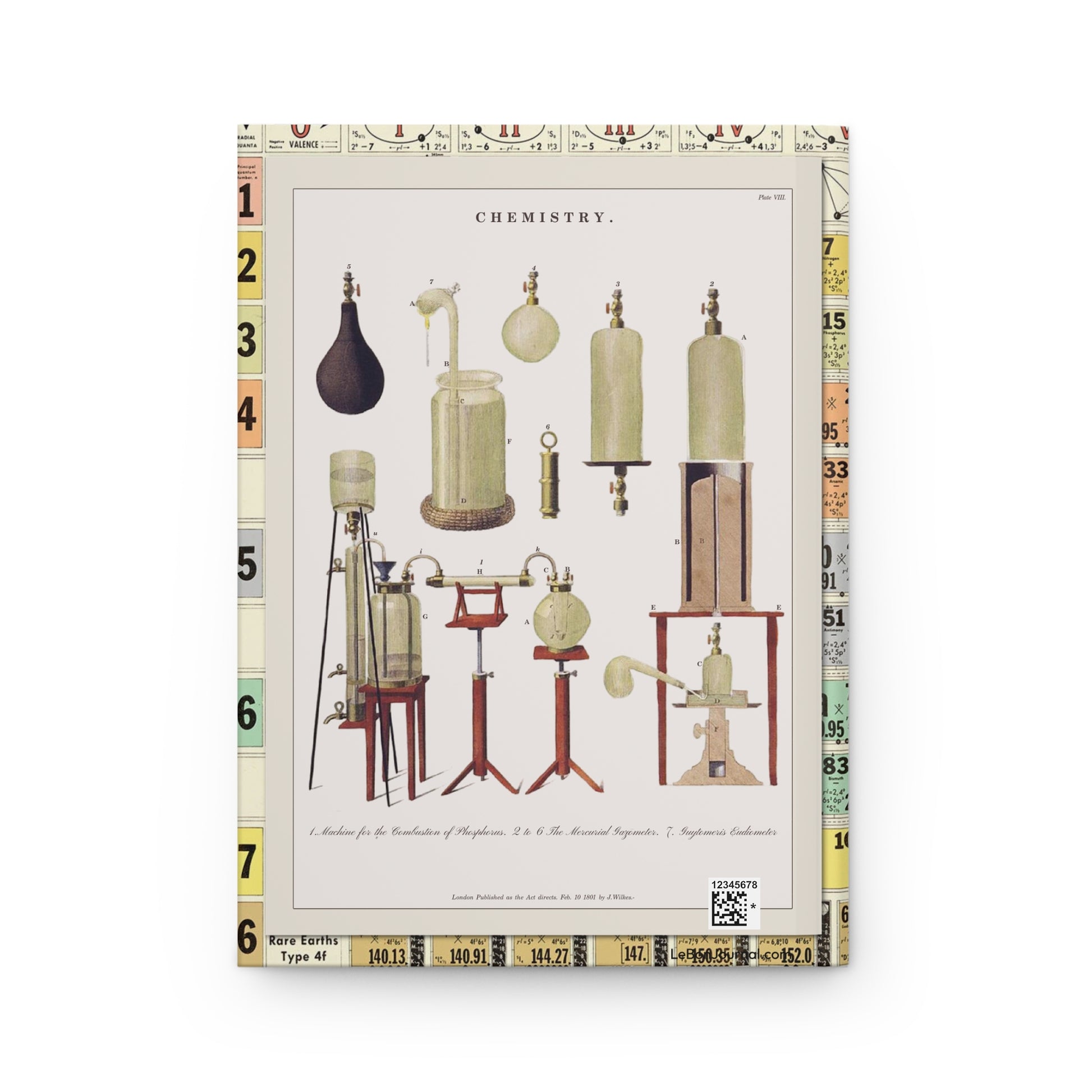 Back cover of Chemical Charts journal featuring 1801 Chemistry Plate VIII with phosphorus combustion machine, mercurial gazometer, and Guyton's eudiometer with production QR code - LeBonJournal