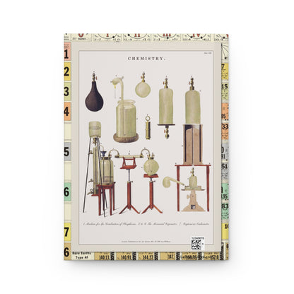Back cover of Chemical Charts journal featuring 1801 Chemistry Plate VIII with phosphorus combustion machine, mercurial gazometer, and Guyton's eudiometer with production QR code - LeBonJournal