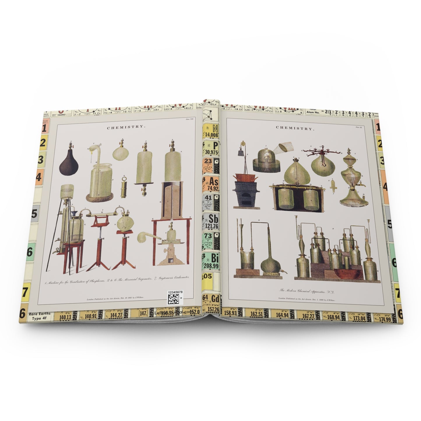 Open Chemical Charts journal showing durable casewrap binding, hardcover construction with 1800-1801 Encyclopaedia Londinensis chemistry apparatus engravings on front and back covers, and flexible spine for lay-flat writing - LeBonJournal
