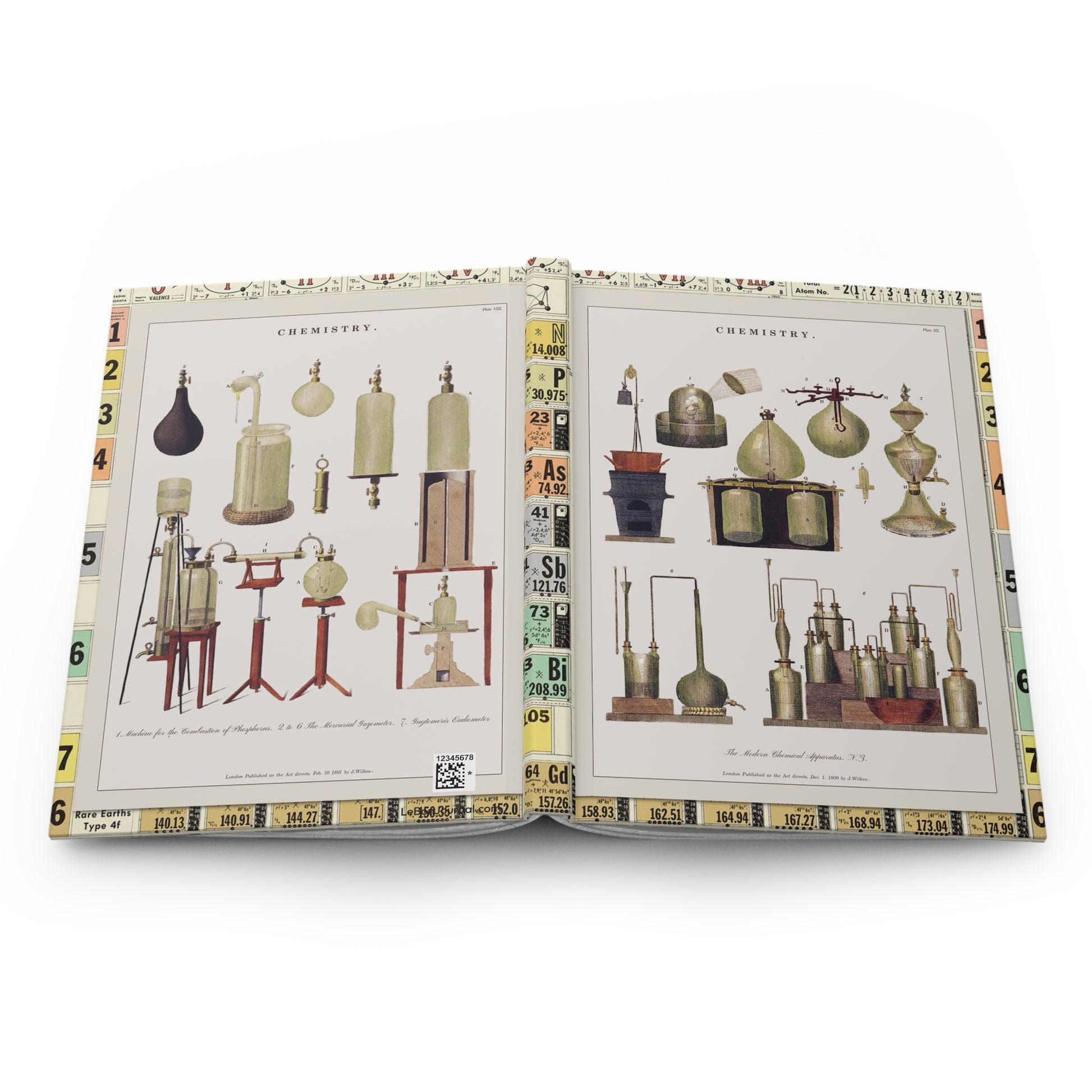 Open Chemical Charts journal showing durable casewrap binding, hardcover construction with 1800-1801 Encyclopaedia Londinensis chemistry apparatus engravings on front and back covers, and flexible spine for lay-flat writing - LeBonJournal