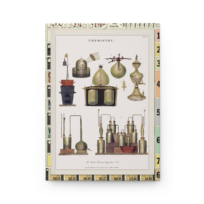 Front cover of Chemical Charts journal featuring 1800 chemistry apparatus engravings with distillation equipment, Woulfe apparatus, gas bells, and furnaces on premium matte hardcover - LeBonJournal