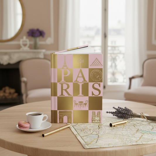 Chic Paris journal Dior pink gold checkerboard Parisian landmarks in elegant apartment workspace with espresso and lavender - LeBonJournal