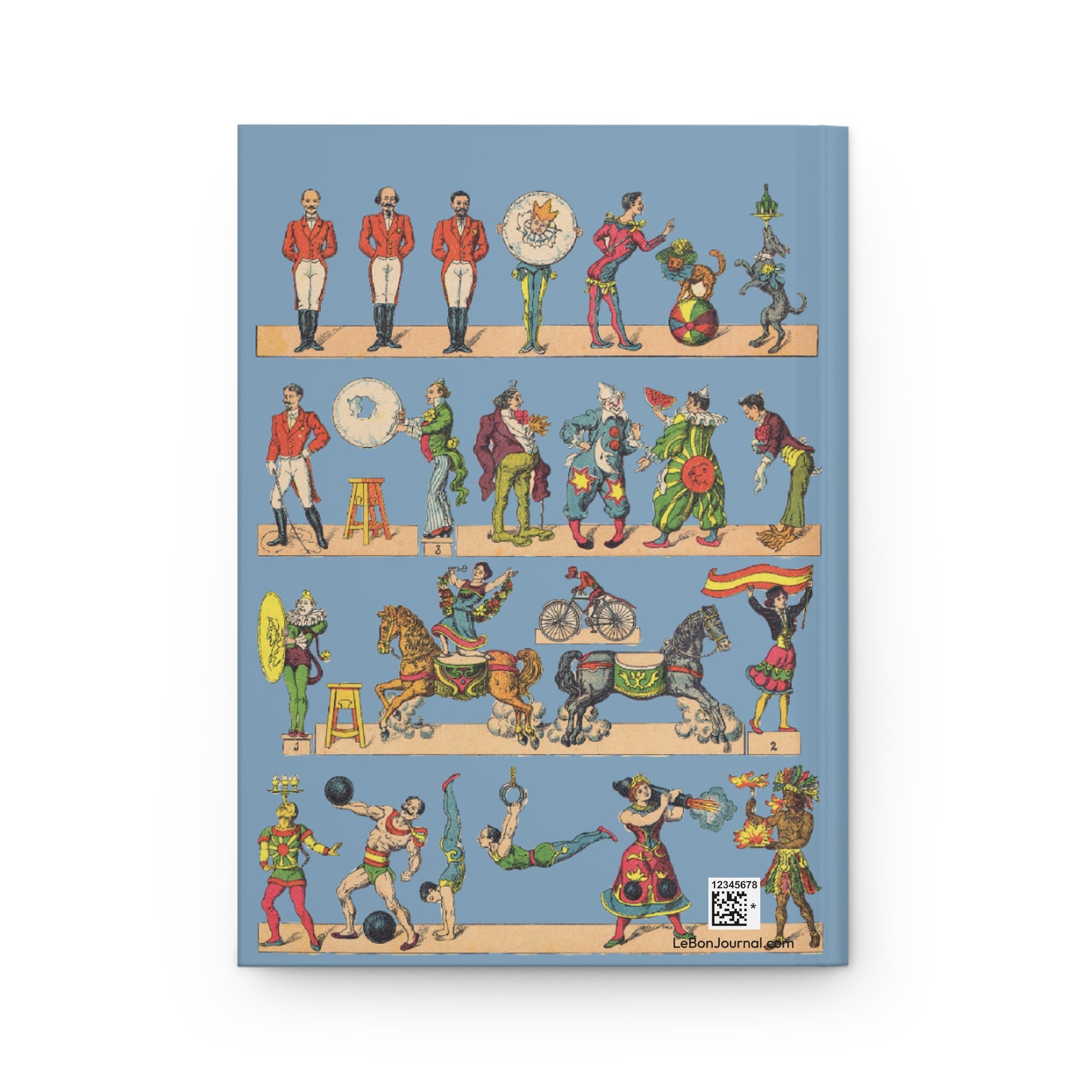Back cover of Cirque D'Hiver journal featuring Paluzíe Barcelona equestrian circus recortables with ringmasters, acrobats, clowns, and performers on sky blue background - LeBonJournal