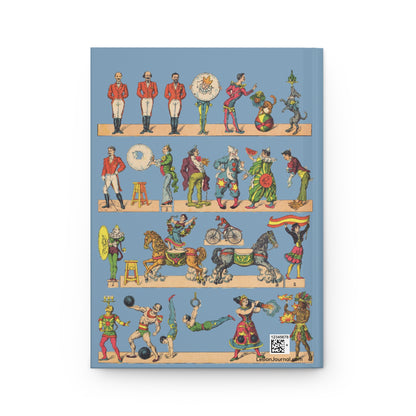 Back cover of Cirque D'Hiver journal featuring Paluzíe Barcelona equestrian circus recortables with ringmasters, acrobats, clowns, and performers on sky blue background - LeBonJournal