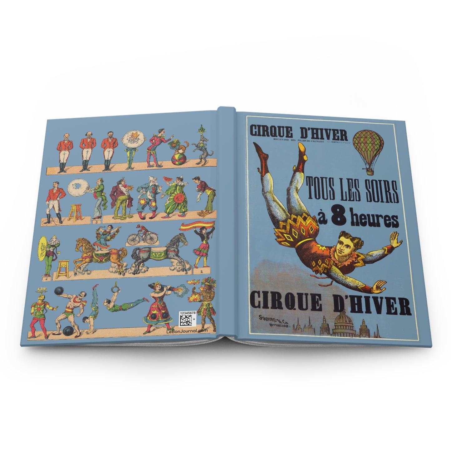 Open Cirque D'Hiver journal showing durable casewrap binding, hardcover construction with 1890 Paris circus poster and Paluzíe recortables on front and back covers, and flexible spine for lay-flat writing - LeBonJournal