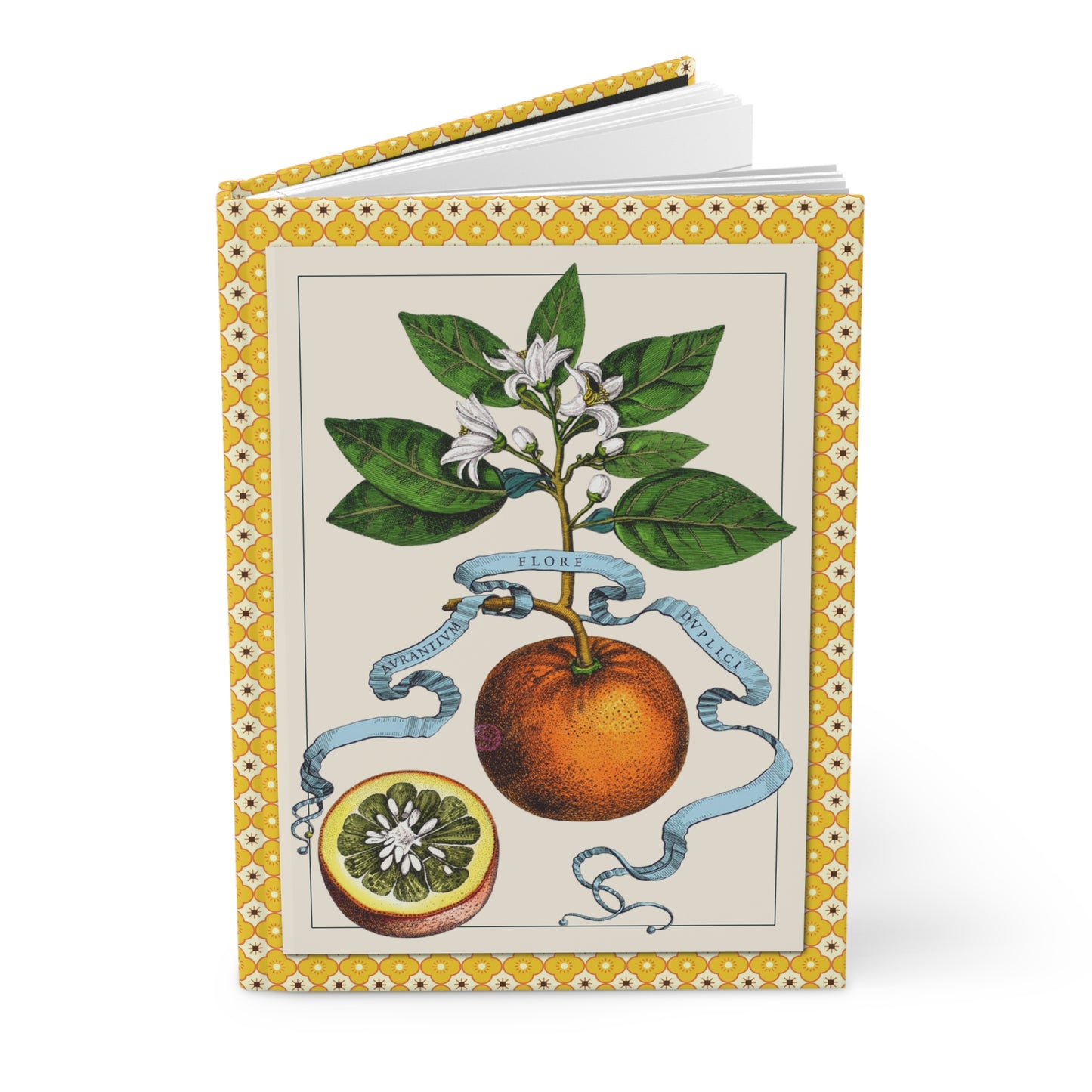 Ferrari 1646 Hesperides citrus hardcover journal standing vertically slightly open showing lined pages, Aurantium Flore Duplici black ground cover - LeBonJournal