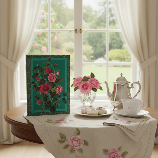Clara Maria Pope 1819 camellia journal standing upright on tea table with embroidered linen silver teapot porcelain cup petit fours and garden window in Regency setting - LeBonJournal