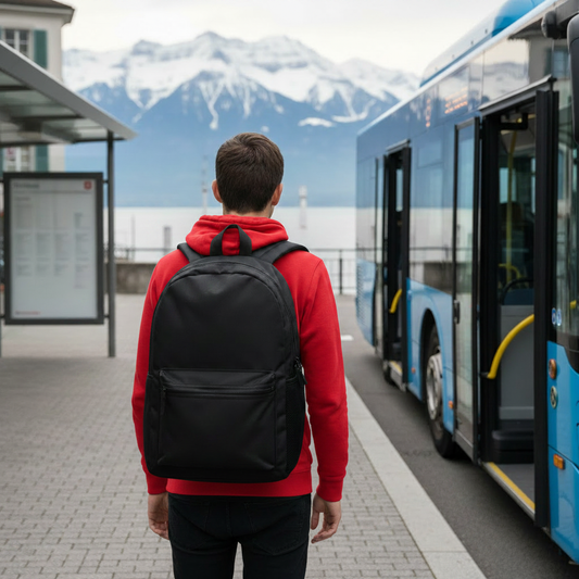 Classic black backpack worn by teen at Nyon Switzerland bus stop about to board electric blue bus - LeBonJournal