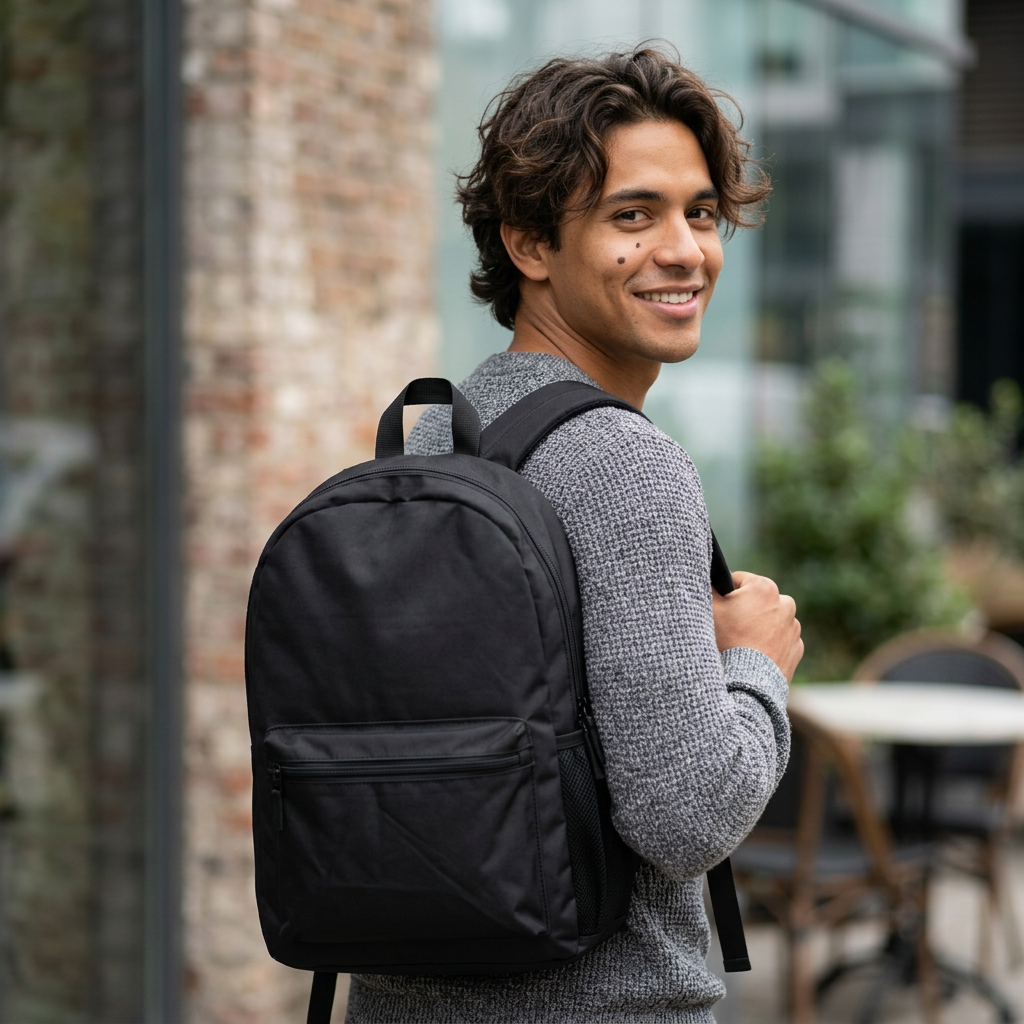 Classic black backpack worn on shoulders by student walking to library lifestyle shot - LeBonJournal