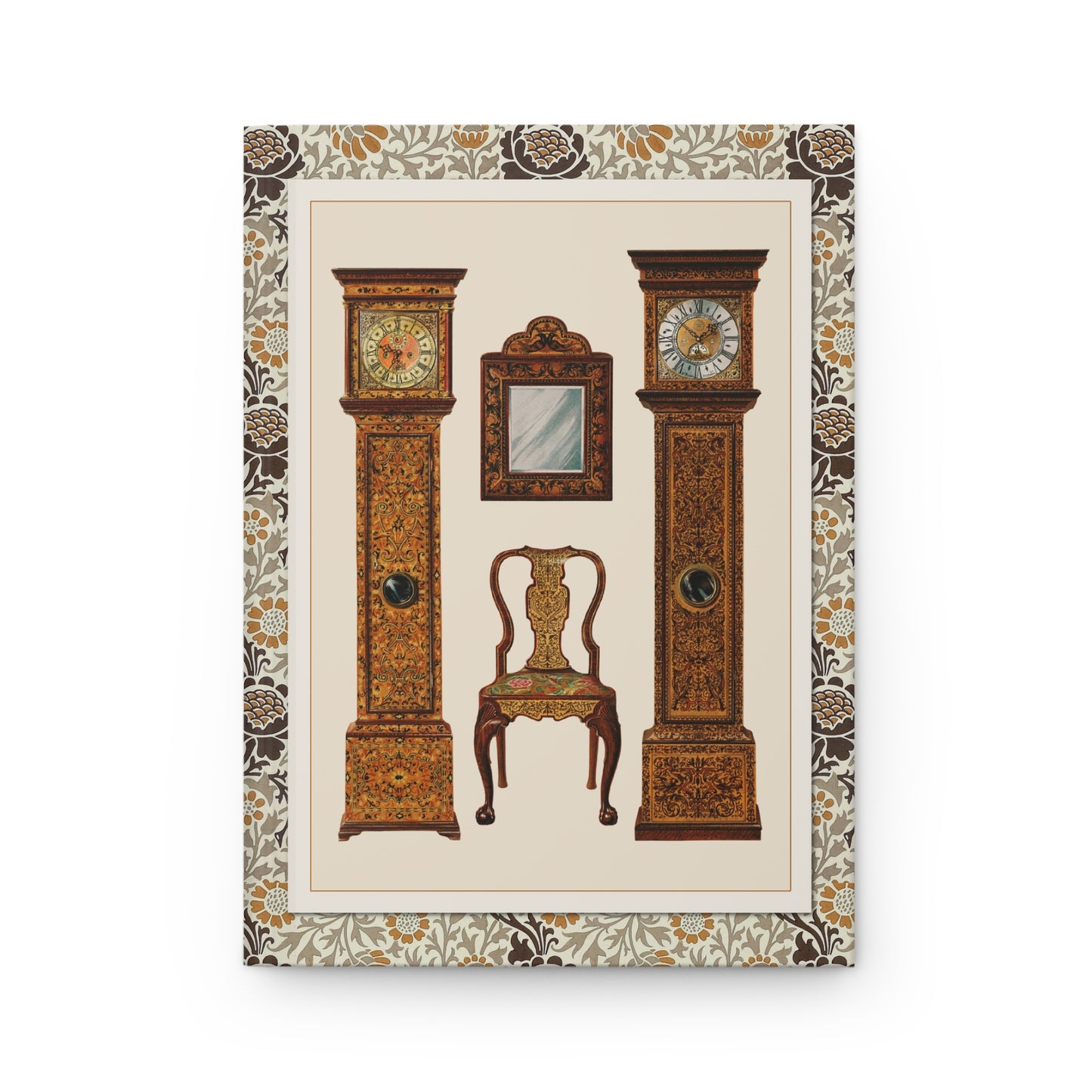 Shirley Slocombe 1905 William and Mary seaweed marquetry grandfather clocks walnut mirror and chair front cover from A History of English Furniture - LeBonJournal