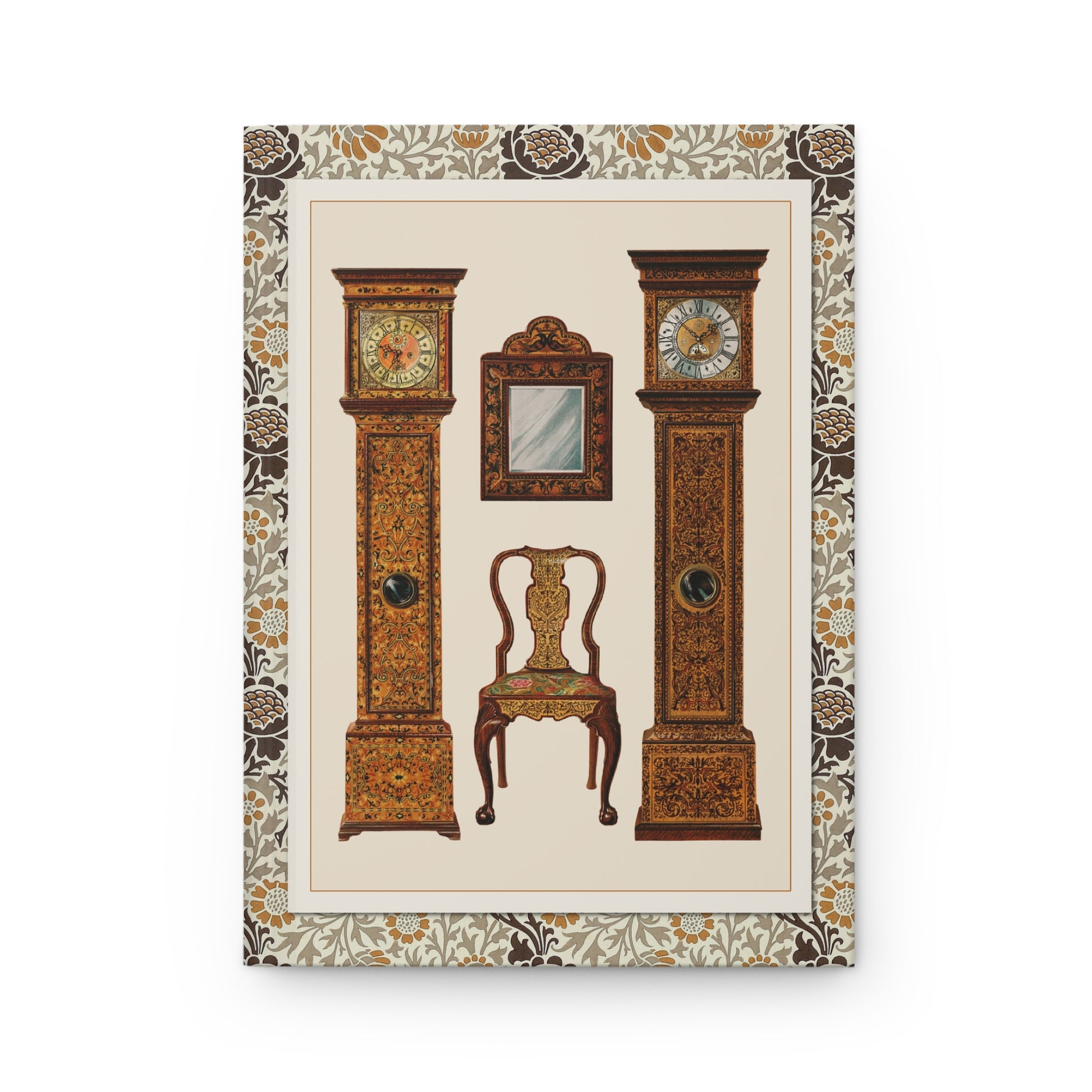 Shirley Slocombe 1905 William and Mary seaweed marquetry grandfather clocks walnut mirror and chair front cover from A History of English Furniture - LeBonJournal