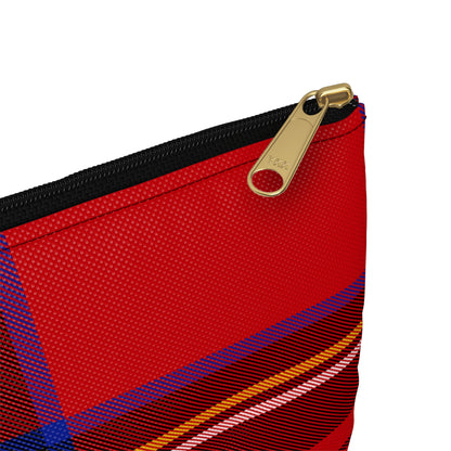 Close-up detail of black zipper and gold puller on red tartan accessory pouch large size - LeBonJournal