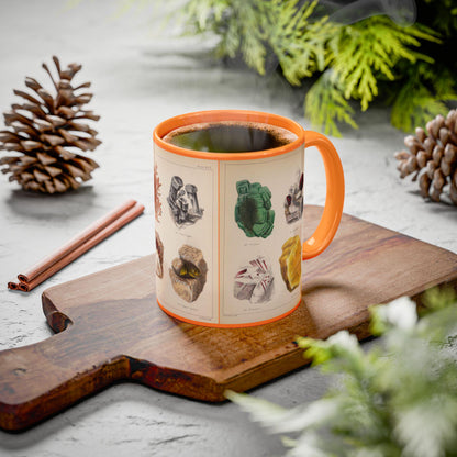 Coffee mug printed with vintage mineralogy illustrations from Henry Sowerby 1850 Popular Mineralogy showing crystalline structures and gemstone lithographs - LeBonJournal