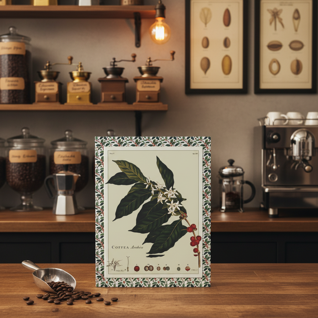 Coffee plant botanical journal on wooden counter in specialty coffee shop with bean dispensers, antique grinders, coffee makers and anatomical coffee prints - LeBonJournal