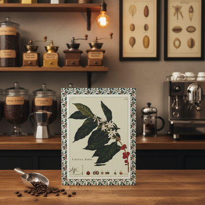 Coffee plant botanical journal on wooden counter in specialty coffee shop with bean dispensers, antique grinders, coffee makers and anatomical coffee prints - LeBonJournal